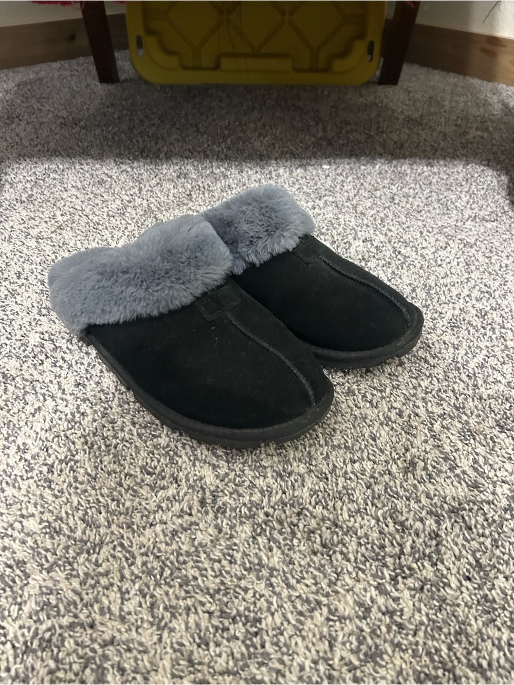 Cozy Black Suede Slippers with Gray Faux Fur Cuff
